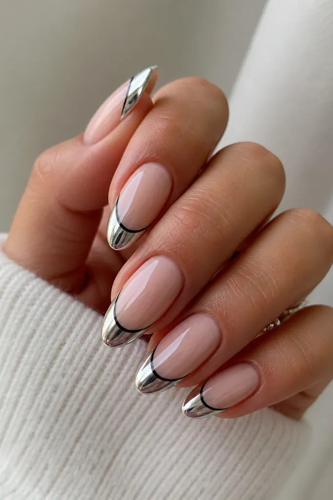Almond nails with nude base. French tips are silver chrome. A thin black liner runs right above the smile line, creating a double-line effect.