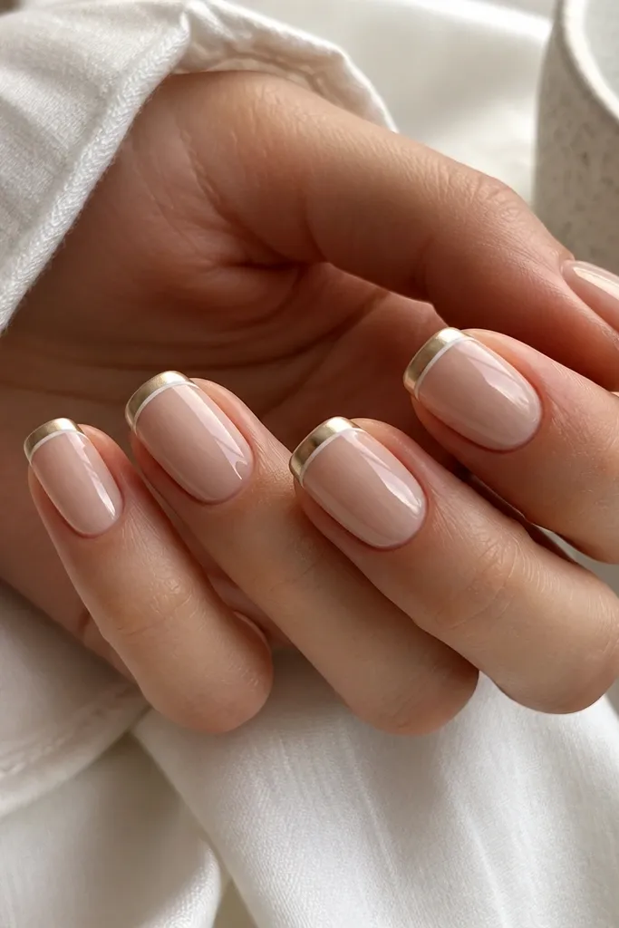 Short squoval nails with a warm beige base. French tips are coated in champagne chrome, separated by a thin off-white line.
