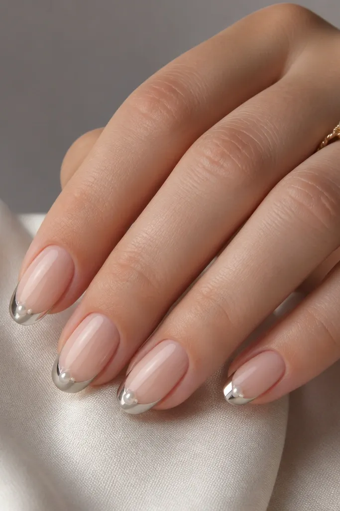 Medium oval nails with nude base. French tips are silver chrome. A few tiny pearl dots sit along the French line at the inner corners and one near the center.