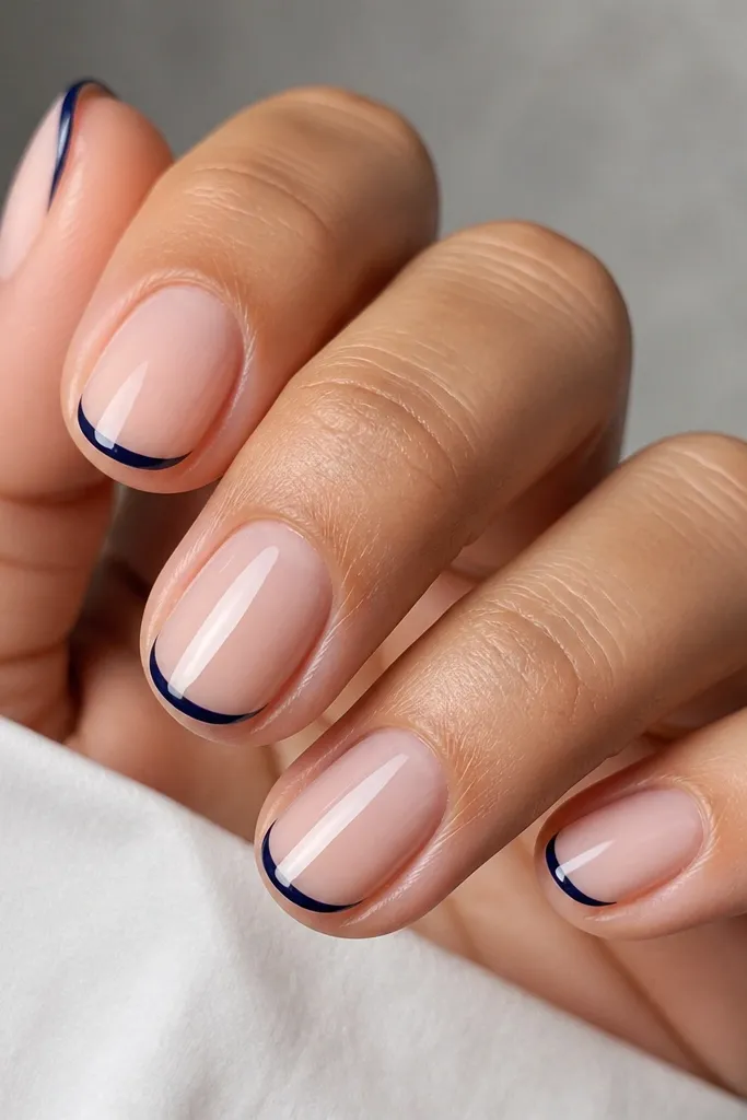 Close-up of short oval nails. The base is a sheer nude blush in a glossy finish. The French tip is a super thin, inky navy line with a tiny curved smile and a clean, sharp edge. No gems, just crisp color separation.