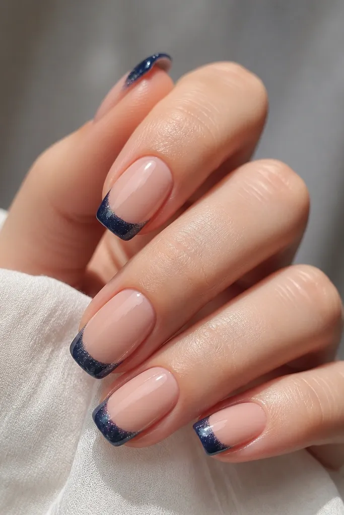 Medium squoval nails with a glossy nude base. The navy French tip fades into micro fine silver-blue glitter concentrated at the very edge. The glitter is subtle and creates a gradient.