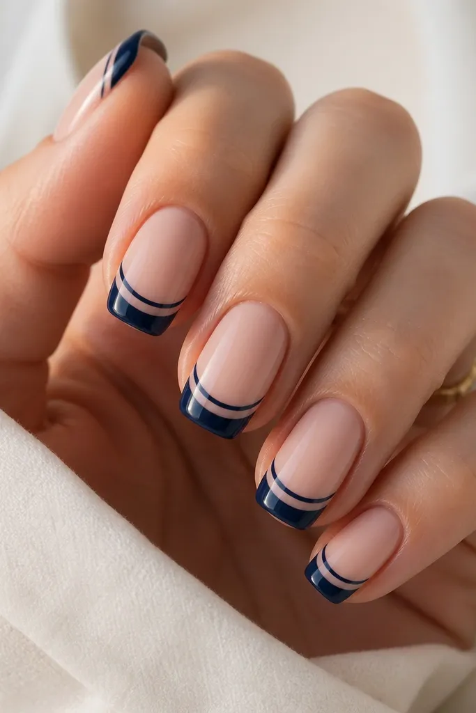 Medium squoval nails. Glossy nude base. A navy French tip is painted normally, but there's also a thin navy ribbon line just above the smile curve, creating a double smile effect. The double lines are parallel and evenly spaced.