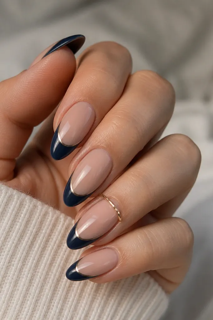 Long almond nails with glossy nude base. Navy French tips are opaque and smooth. Only the very outer edge of the navy tip has a thin chrome band, like a metallic border. The chrome reflects sharply.