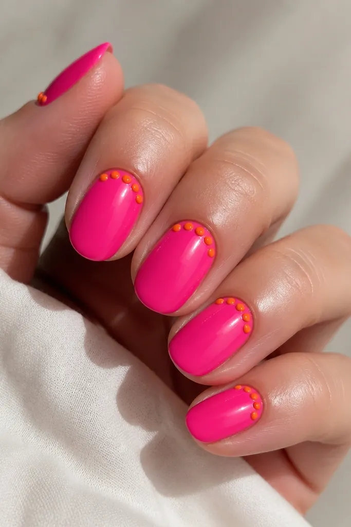 Five nails in a glossy hot pink base. At each cuticle, tiny neon orange dots form a half-moon pattern. The dots are evenly spaced and look like micro beads, with a clean, shiny finish.