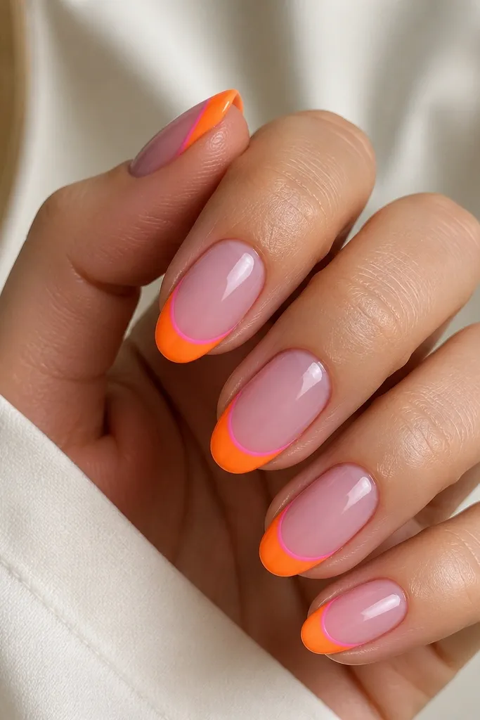 A soft, glossy pink jelly base on all nails. The tips are neon orange in a clean French shape, with a thin pink line near the smile line. The orange fades sharply at the edge, looking crisp and high-contrast.