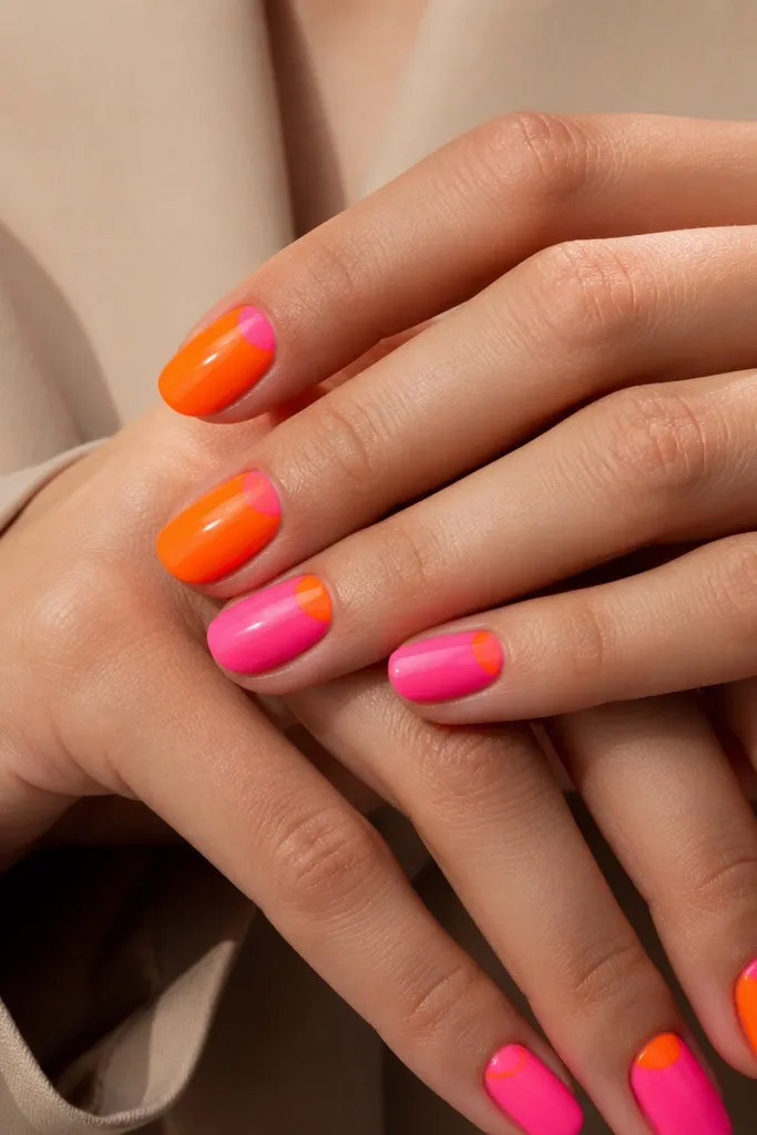 Alternating nails with neon orange half-moon cuticles on a pink base, and pink half-moons on an orange base. The half-moons are crisp, curved, and glossy, with a clean separation line.