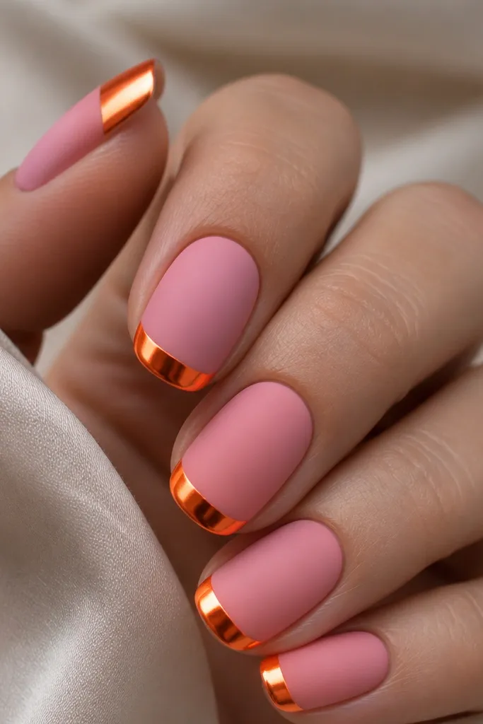 A matte pink base on all nails with neon orange chrome powder pressed only on the tips. The chrome is mirror-like and catches light sharply against the matte background.