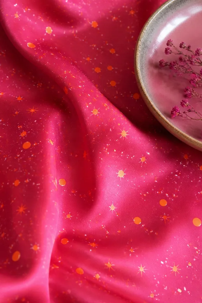 A deep glossy pink base with scattered neon orange dots of different sizes. Some dots look like small stars, and there are a few tiny white specks mixed in for depth.