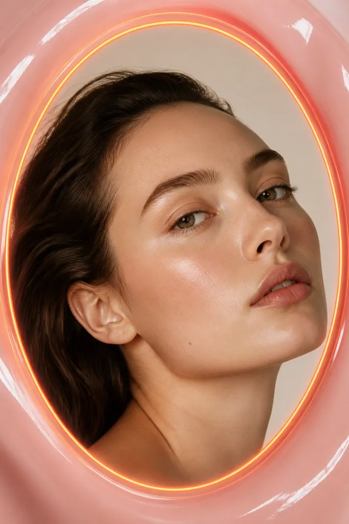 A mostly clear nude base with a glossy pink border around a central negative-space oval. Neon orange outlines trace the oval edges, giving a neon frame effect.