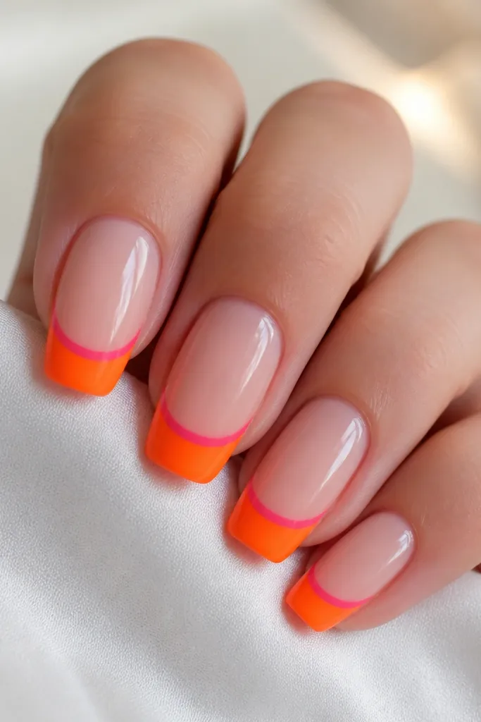 A glossy base with a classic French shape made from tape. Neon orange forms the main tip area, and a thin hot pink stripe runs parallel inside the French line. The edges are razor straight.