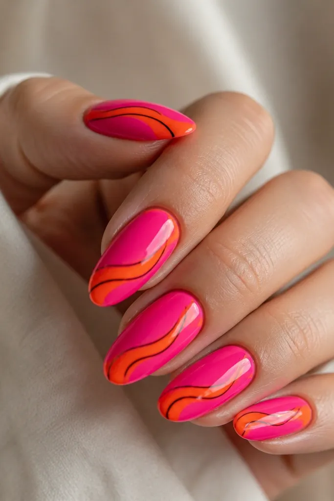 A glossy hot pink base with neon orange swirl lines on the tips. The swirls curl like ribbon, with a thin black guide line that keeps the curves defined.