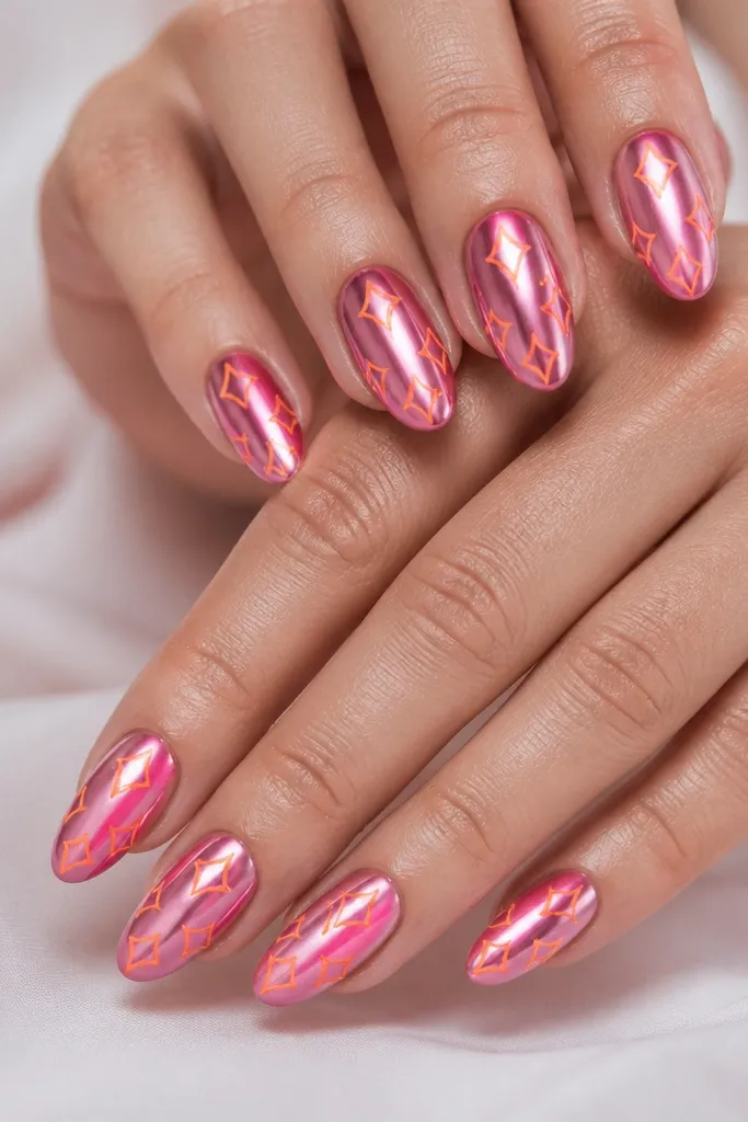 Mirror pink chrome nails with neon orange stamped patterns on top. The stamping looks like small geometric icons spaced evenly, crisp and high-contrast.