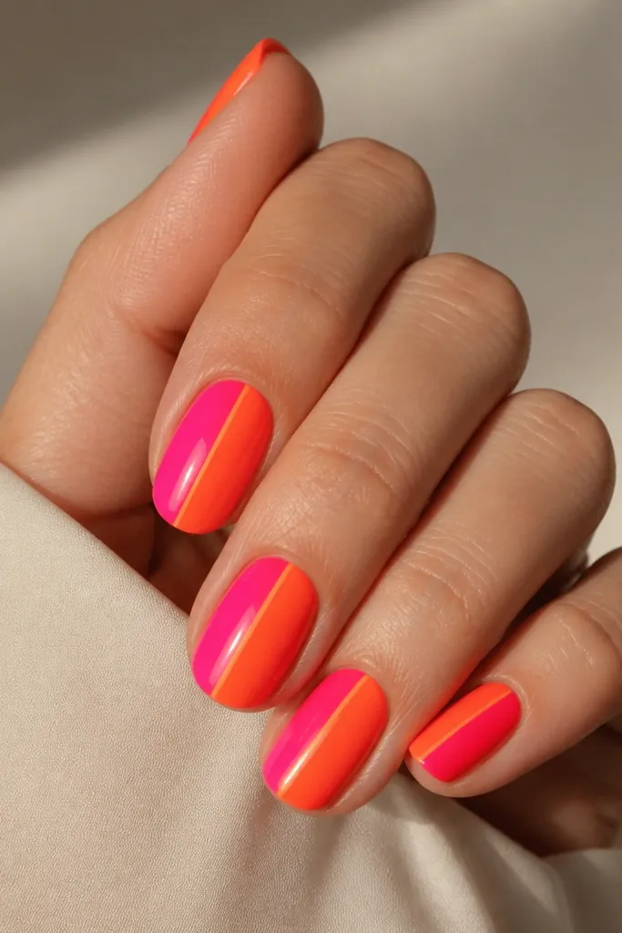 Alternating nails with a vertical half-stripe: one side is hot pink and the other side is neon orange, separated by a thin glossy line. The stripe runs from near the cuticle down to the tip.
