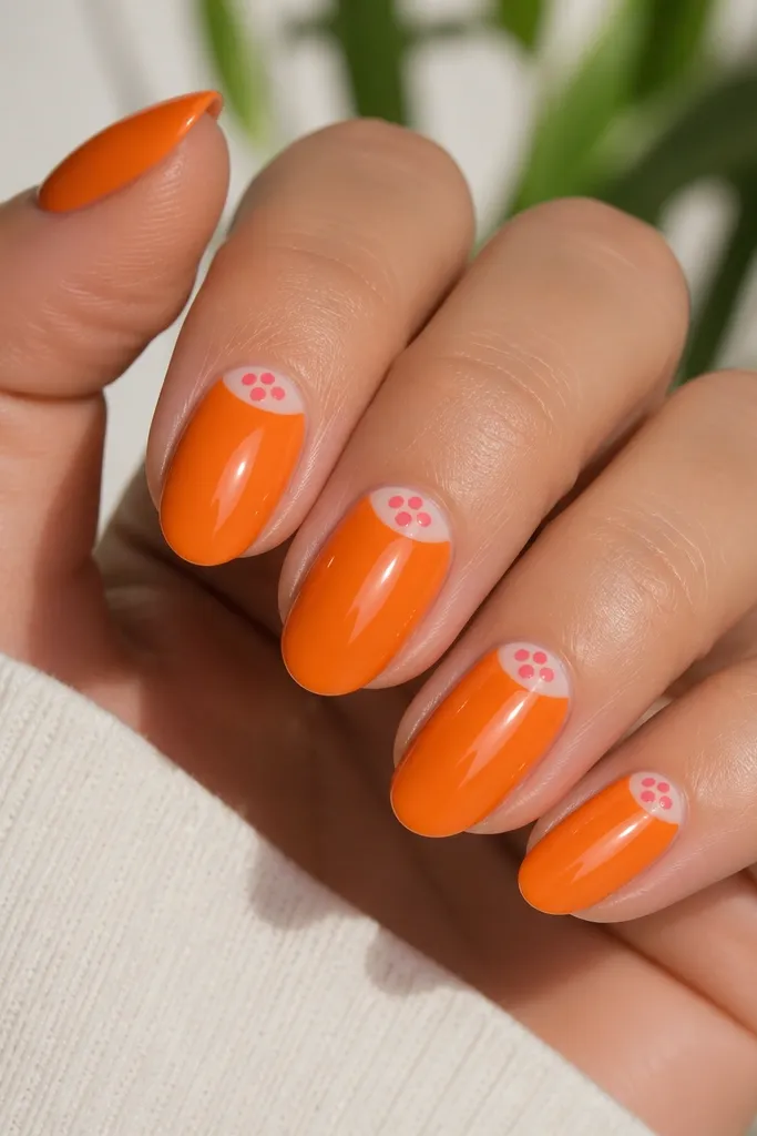 Short almond nails with a solid orange base. The cuticle area has a clean white half-moon outline in negative space, then three tiny pink dots sit in a triangle on the half-moon. Glossy finish, bright summer lighting.