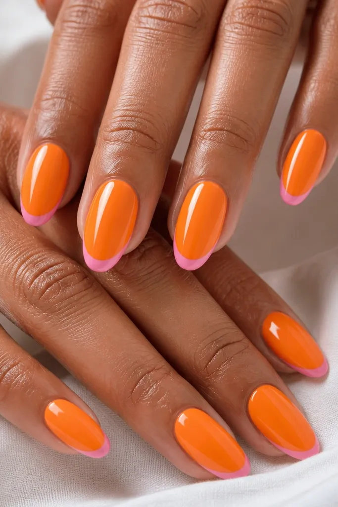 Medium almond nails. Orange base coats the whole nail. A very thin French line sits at the tip, and the tip line is pink with a slightly thicker pink arc at the very edge. High gloss, crisp lines.