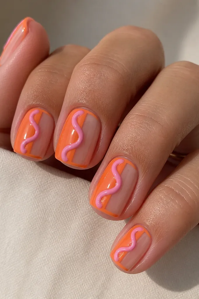 Square short nails. Half the nail is orange from cuticle to tip, and the other half is clear/negative space with a thin orange outline. A thick pink swirl runs across the orange half. Glossy, neat swirl.