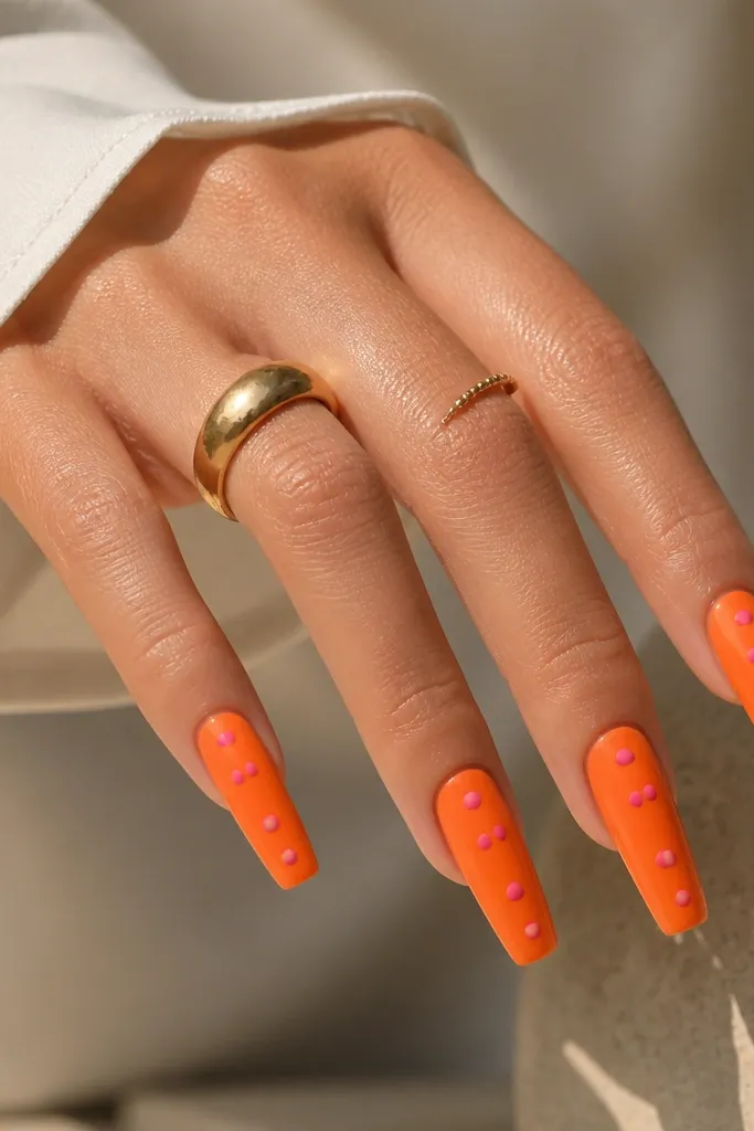 Long coffin nails. Solid orange base. Pink dots form a neat grid pattern: two rows near the middle and a couple dots toward the tip. Even spacing, glossy finish.