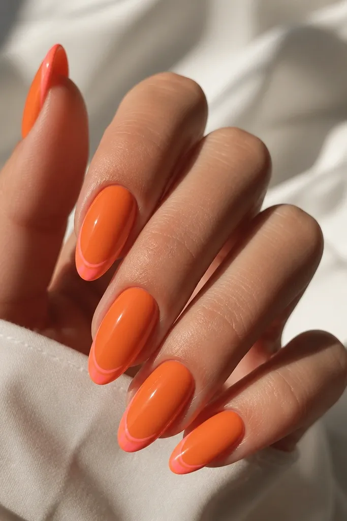 Almond nails with orange base. At the tip, there's a thin pink outline tracing a French curve, with the rest of the tip area left orange. Glossy shine and a crisp outline.