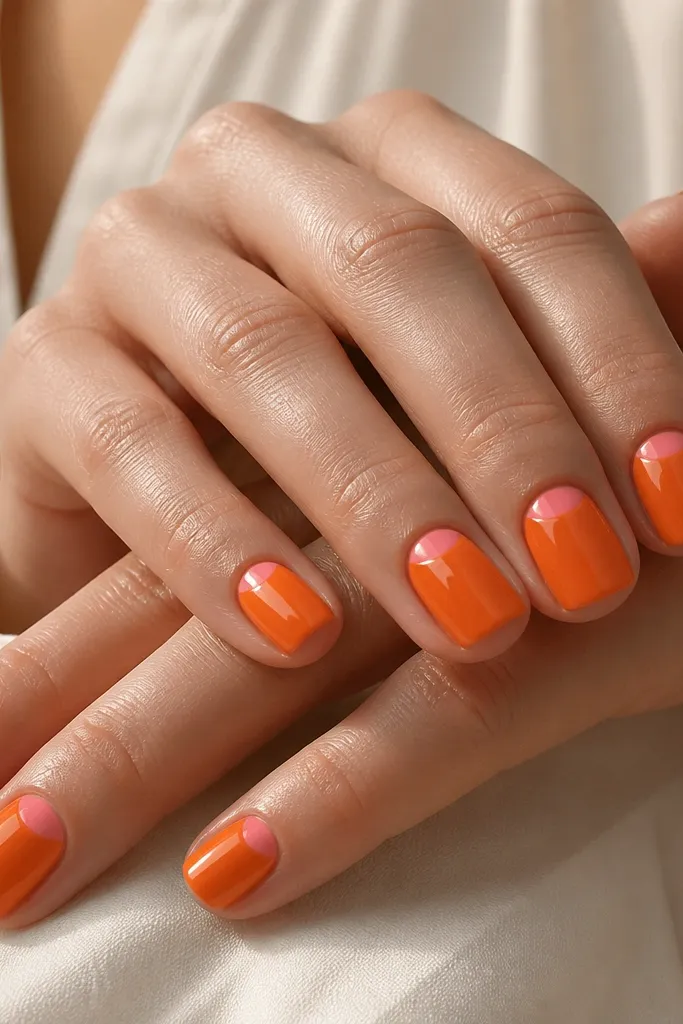 Short squoval nails with orange full color. A small pink half-moon sits right at the cuticle edge, leaving the rest orange. Clean edges, glossy top coat.