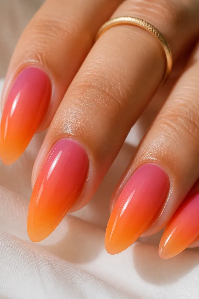Almond nails. Orange base fades lighter toward the tip. Over the top third, a translucent pink jelly layer sits like a soft cap. The gradient edge is smooth, glossy and juicy.