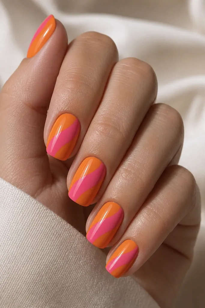 Squoval nails. Orange base. A bright pink diagonal ribbon runs from the lower left near the cuticle to the upper right near the tip. The ribbon has a clean edge and sits centered. Glossy finish.