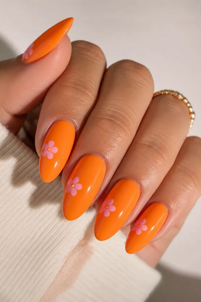 Almond nails with orange base. On one side of each nail, a small pink flower sits near the center: five tiny petals with a dot center. The rest of the nail stays solid orange. Glossy finish.