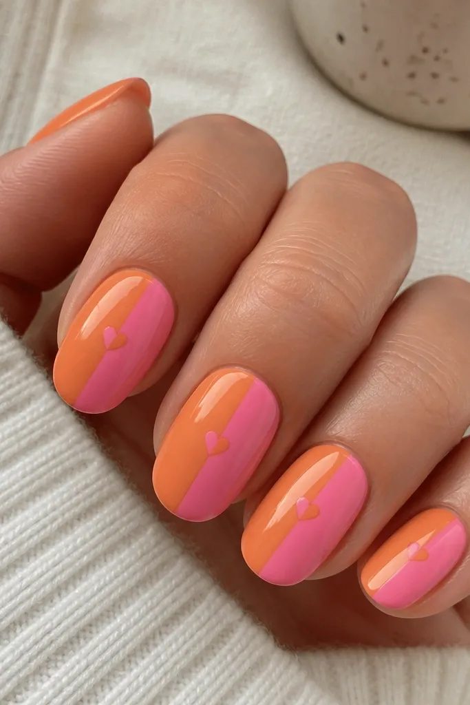 Medium oval nails. Left half orange, right half pink. Near the center seam, two tiny hearts in a contrasting shade sit close together. Glossy and clean seam line.