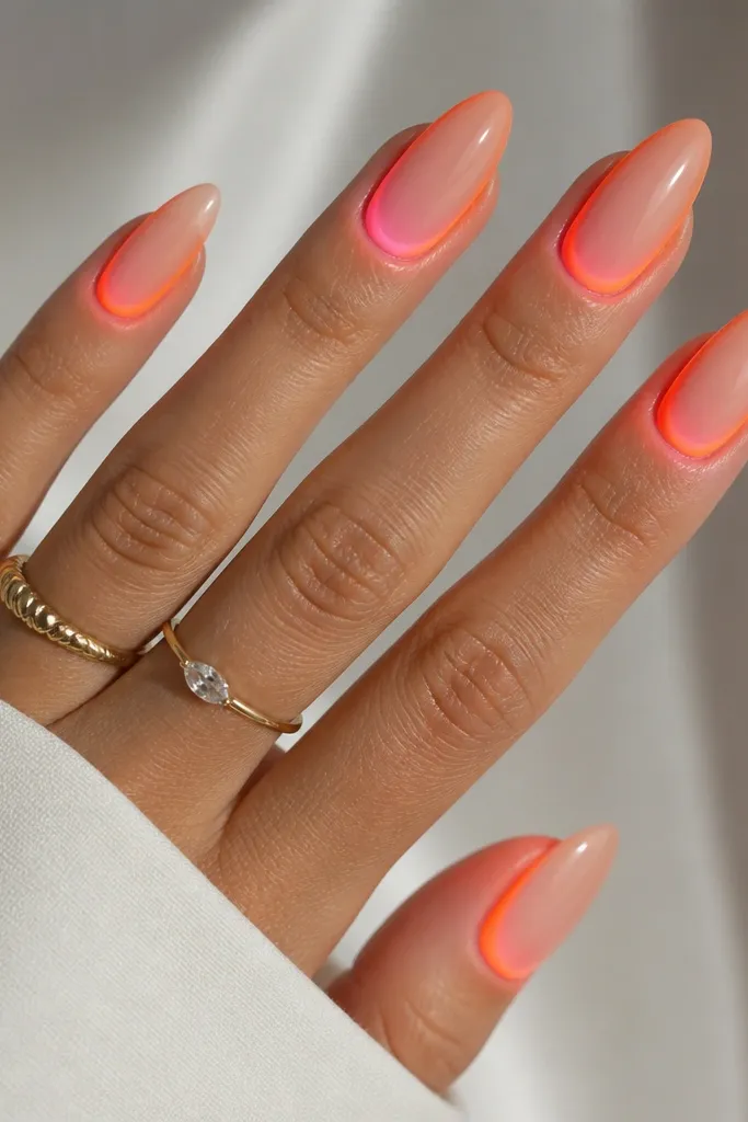 Almond nails with an orange aura effect. The glow is strongest near the cuticle. A soft pink aura sits inside the orange glow like a brighter center ring. Glossy, airbrushed look.