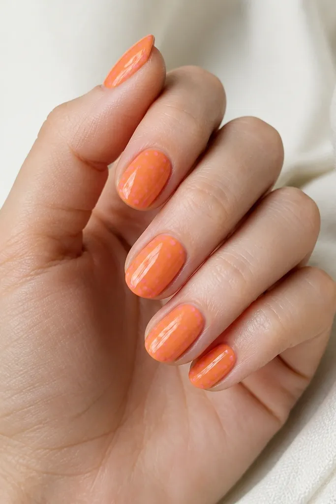 Short to medium nails. Orange base with many tiny micro pink dots scattered like sprinkles, with a few dots grouped near the tip. Glossy top coat, dots are uniform in size.