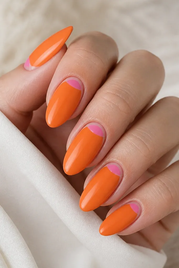 Almond nails with a reverse French at the cuticle. The cuticle arc is pink, the rest is orange, and a thin clear gap separates them. Very neat lines, glossy finish.