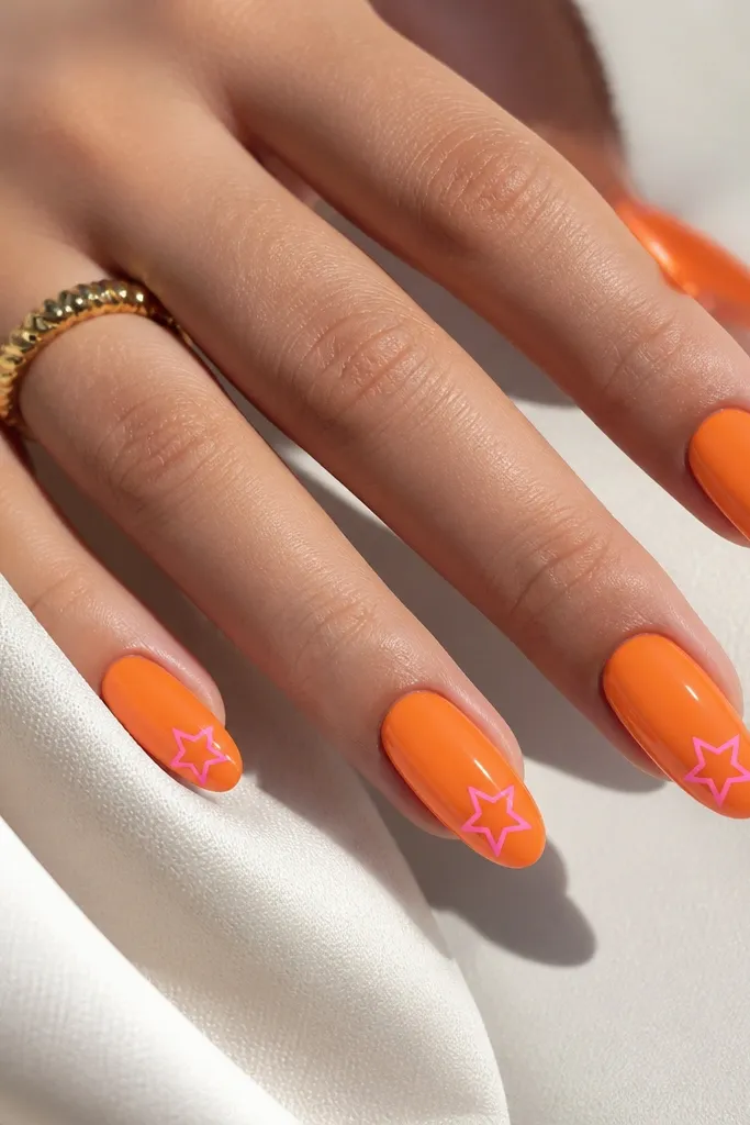 Medium almond nails. Orange base with a pink outline star placed near the tip on each nail. The star is outlined only, with orange filling behind it. Glossy finish.