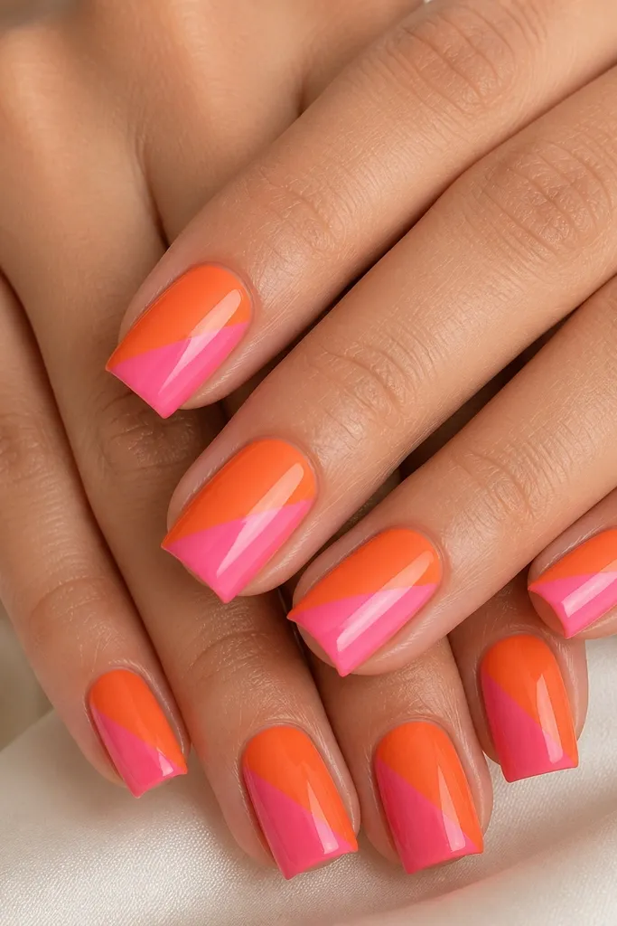 Square nails. Each nail has an orange base. A pink half-stripe crosses diagonally from one side of the nail toward the center, stopping halfway. The stripe has crisp edges and a glossy finish.