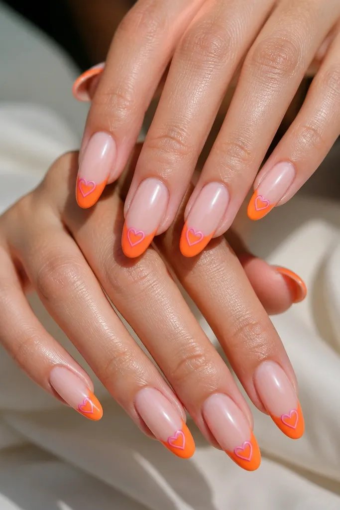 Almond nails with a bright orange tip band. The rest of the nail is clear/soft nude. Pink outline hearts sit on the orange tip band, one per nail. Glossy top coat.