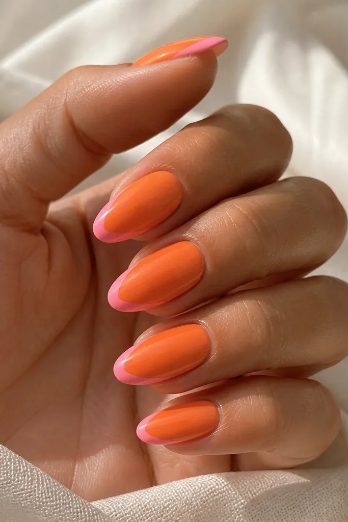 Almond nails. Orange base. Pink French curves sit only on the outer side edges of the tip, leaving the center orange. Clean, symmetrical on both sides.