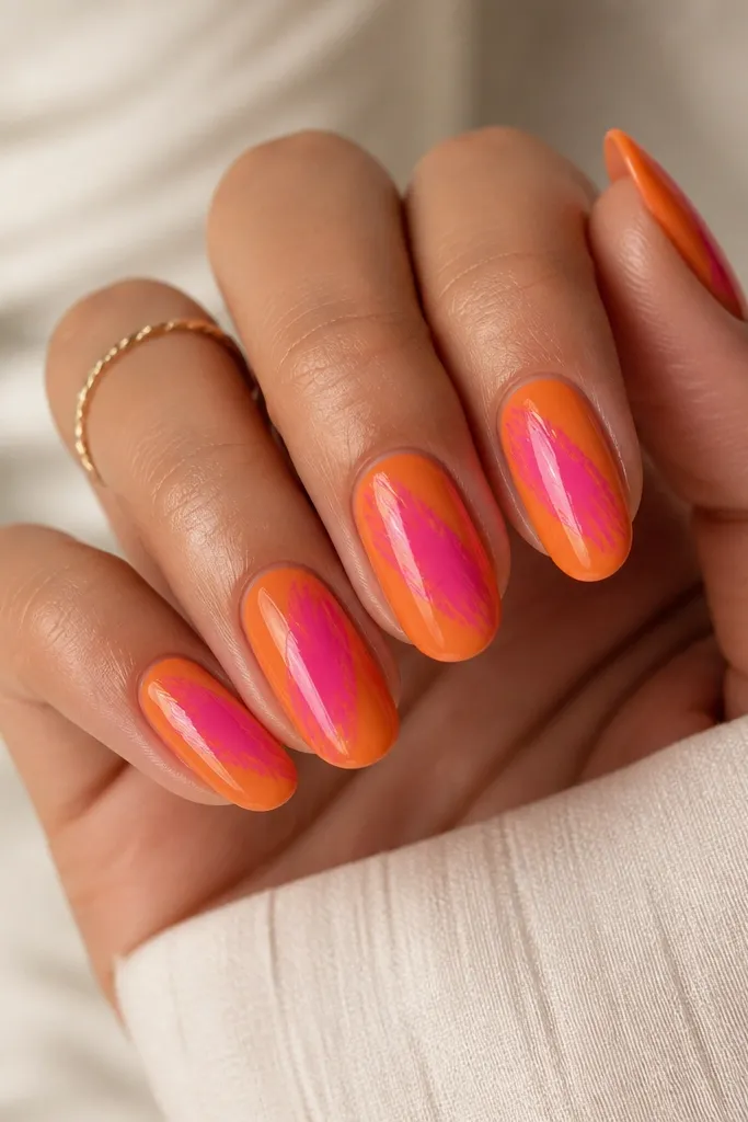 Medium oval nails. Solid orange base. A single diagonal pink brushstroke covers the center area with rough, painterly edges. The brushstroke has a slightly translucent look and is sealed glossy.