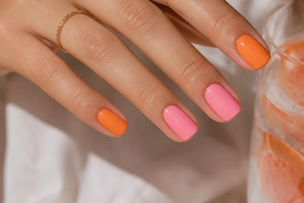 Easy Orange And Pink Nails for a summer-ready mani