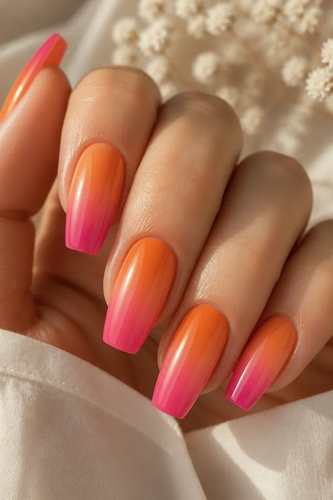 Medium coffin nails with a sunset gradient: rich orange at the base fades into peach, then the tips turn hot pink. The blend has a gentle curve, following the nail's natural smile line. High shine top coat; no other decorations.