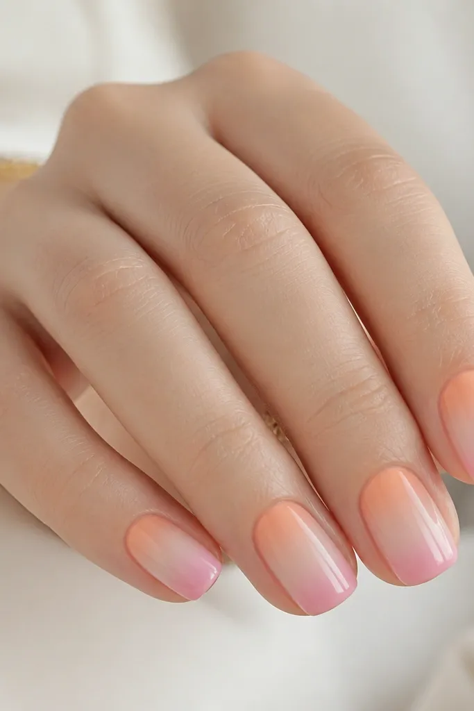 Short squoval nails on a milky nude base. The ombre starts as peachy orange just above the cuticle and fades into a soft pink at the tip. The nude base makes the colors look airy and not too saturated. Glossy finish.