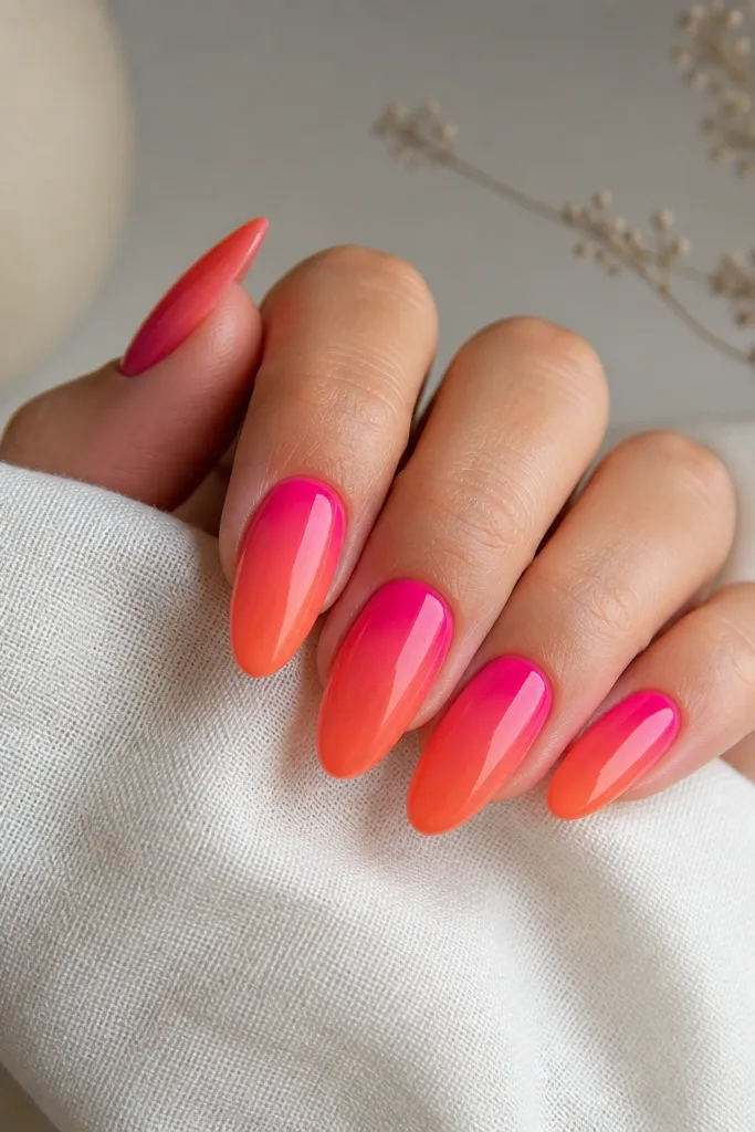 Almond nails with reverse ombre: hot pink concentrated at the cuticle, fading into coral orange toward the tips. The gradient is smooth and glossy, with no extra art. The line looks the same width across the nail.