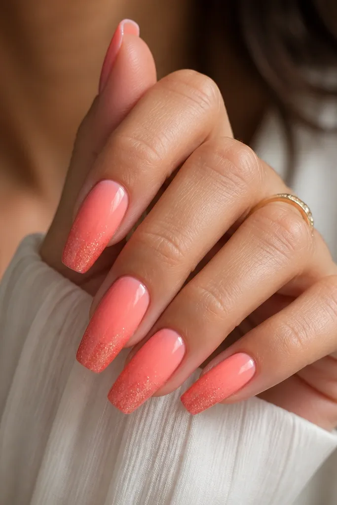 Medium coffin nails with a coral-to-pink ombre. The bottom third has fine micro glitter that fades out as it meets the pink, like a soft dusting. The rest is smooth and glossy.