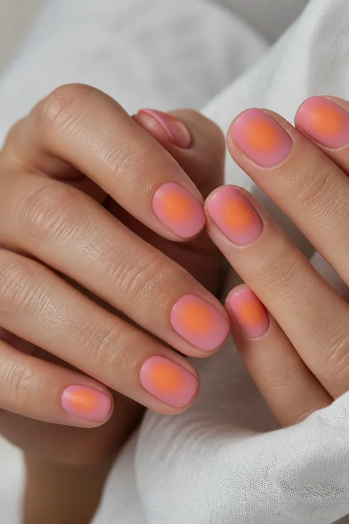Short oval nails with a soft aura look. The center glow is orange, fading outward into a pink haze toward the edges. The finish is matte (no shine), with a smooth smoky gradient and a clean cuticle line.