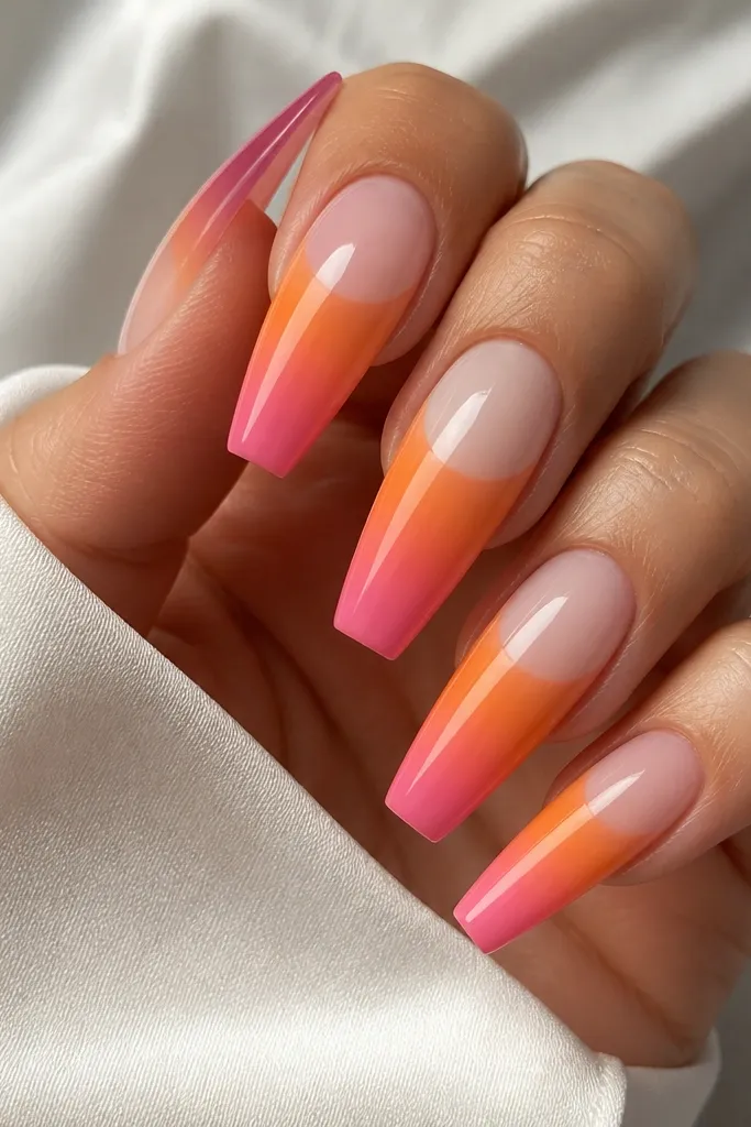 Coffin nails with a clear negative space arc across the middle. The lower section is orange fading into pink, while the upper section stays sheer. The arc is curved and clean, and the nails are glossy.