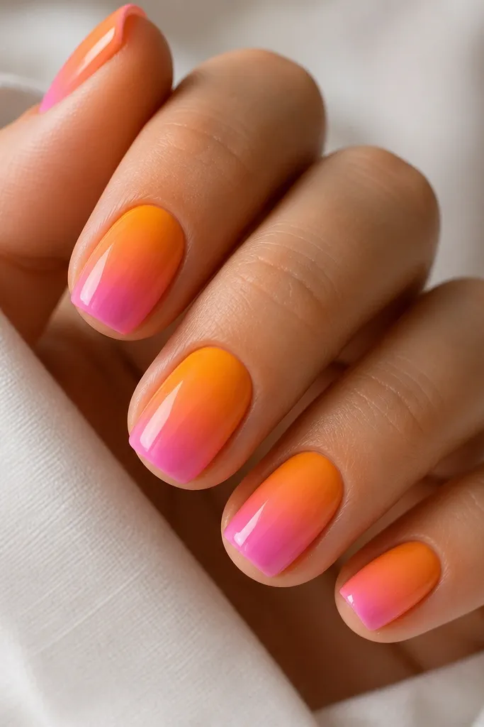 Short squoval nails with a diagonal gradient. Orange starts at one side near the cuticle and fades into pink at the opposite tip side. The blend is smooth, glossy, and follows a slanted line.