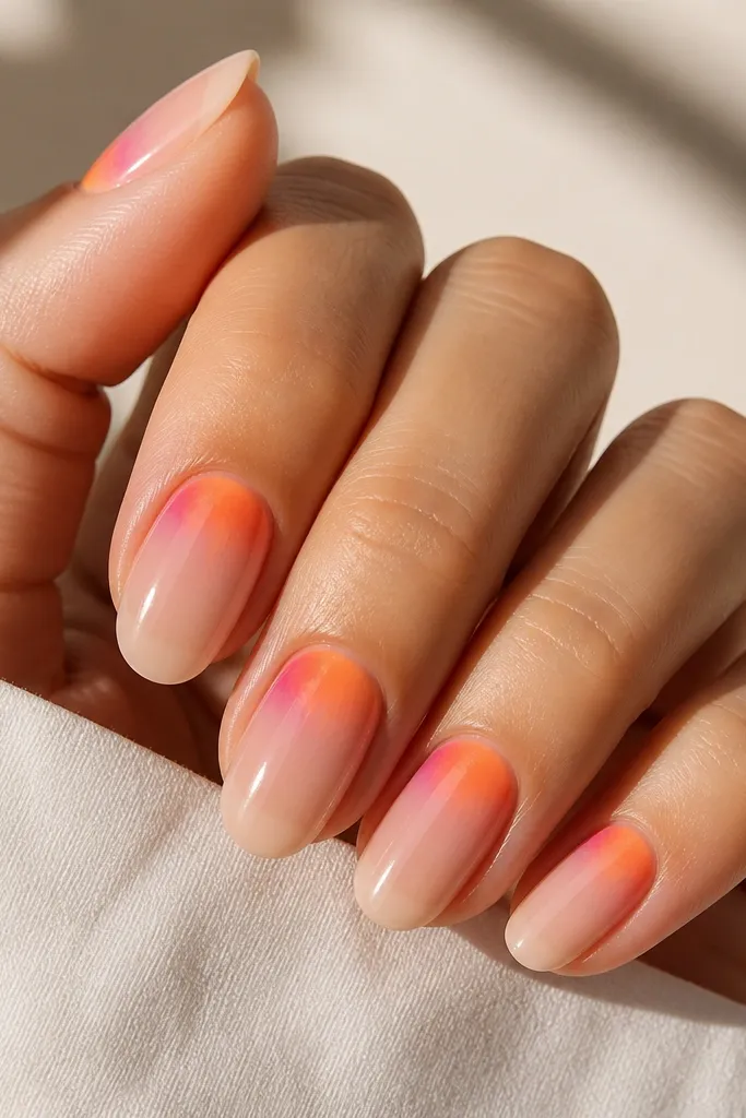 Oval nails with a glossy nude base. The aura glow sits in the corner area near the cuticle and fades toward the opposite side. Orange and pink blend in the halo, but the brightest area is the corner.