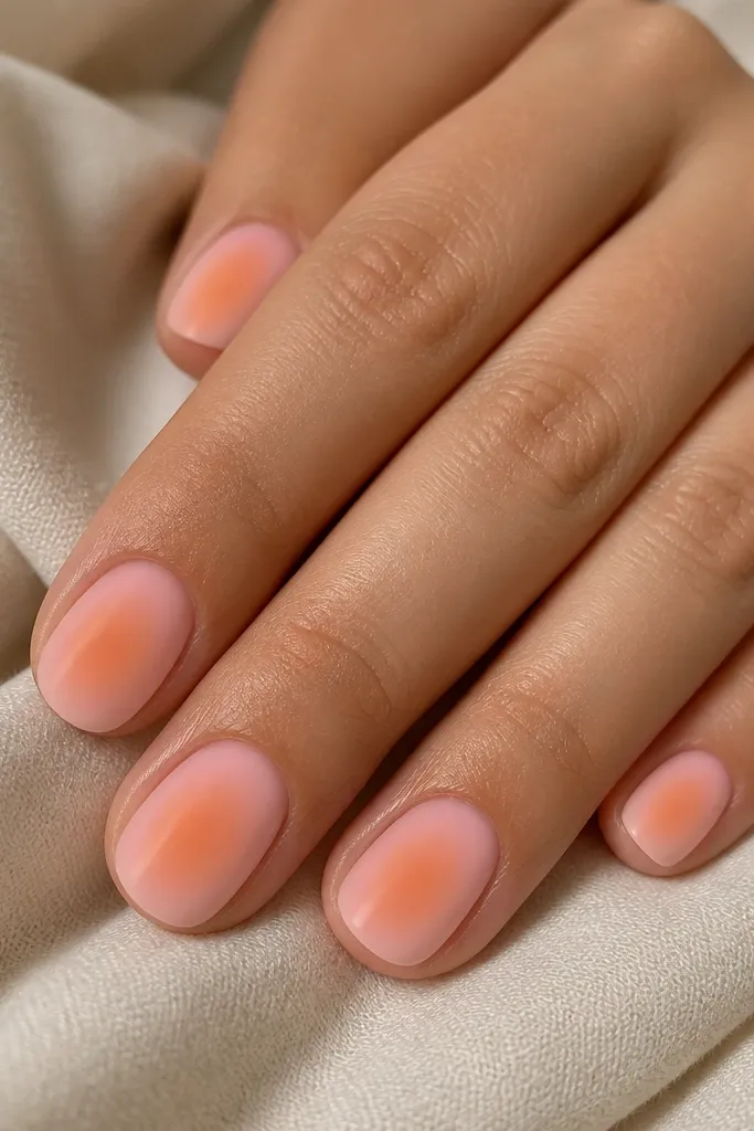 Short oval nails with a soft aura effect. The center glow is pale pink with an orange warm center, fading into a peachy edge that almost disappears into the base. Matte finish.
