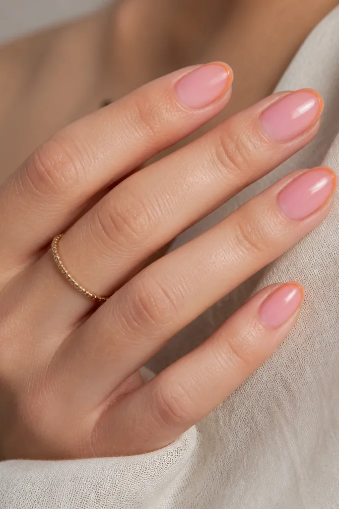 Oval nails with a glossy finish. The center halo is pink, fading into the base. Around the outer edge there is a very thin orange outline that follows the nail shape, like a frame.