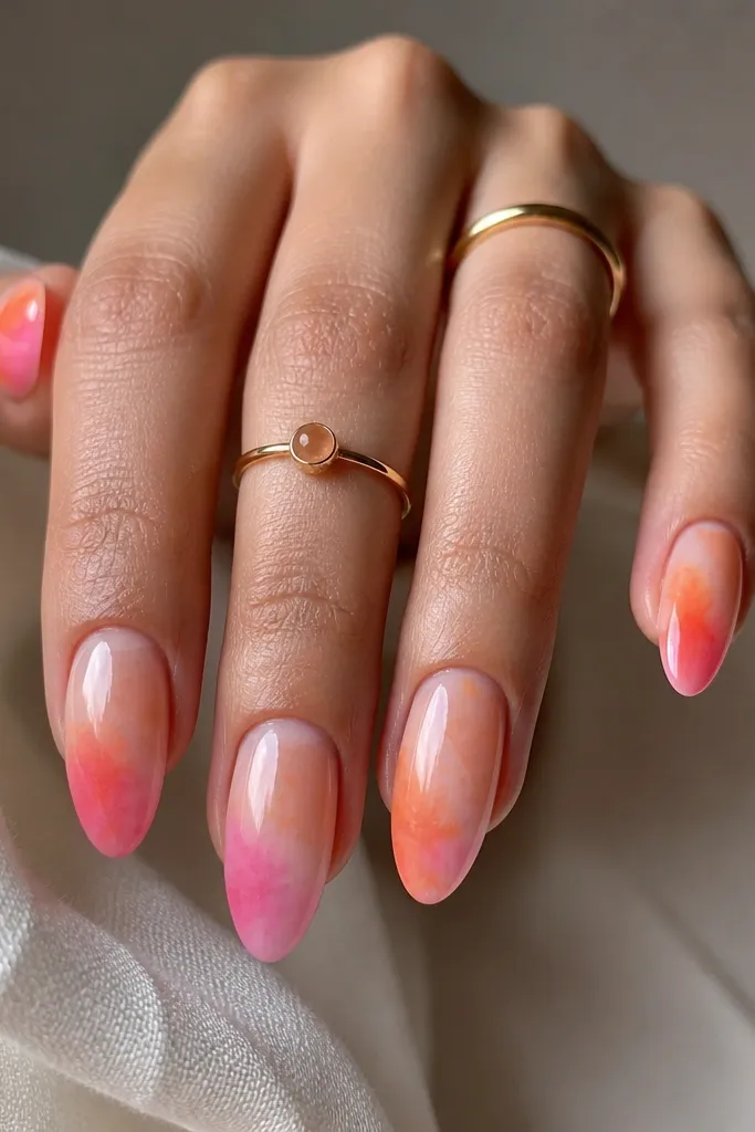 Almond nails with a watercolor-like ombre. The orange is more washed and translucent, blending into pink with soft edges like paint on paper. Glossy finish but the gradient looks airy.