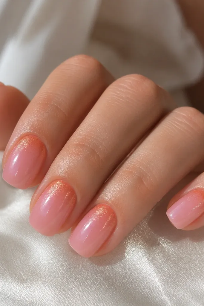 Short squoval nails. The cuticle area has a tight orange sparkle (fine shimmer) that fades into a soft pink ombre toward the tips. The rest is glossy with no extra designs.