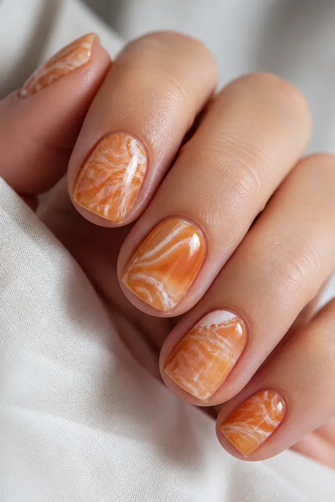 Short square nails with warm orange marble swirls. Milky white veining forms curved shell-like arcs across the nail, with a glossy finish.