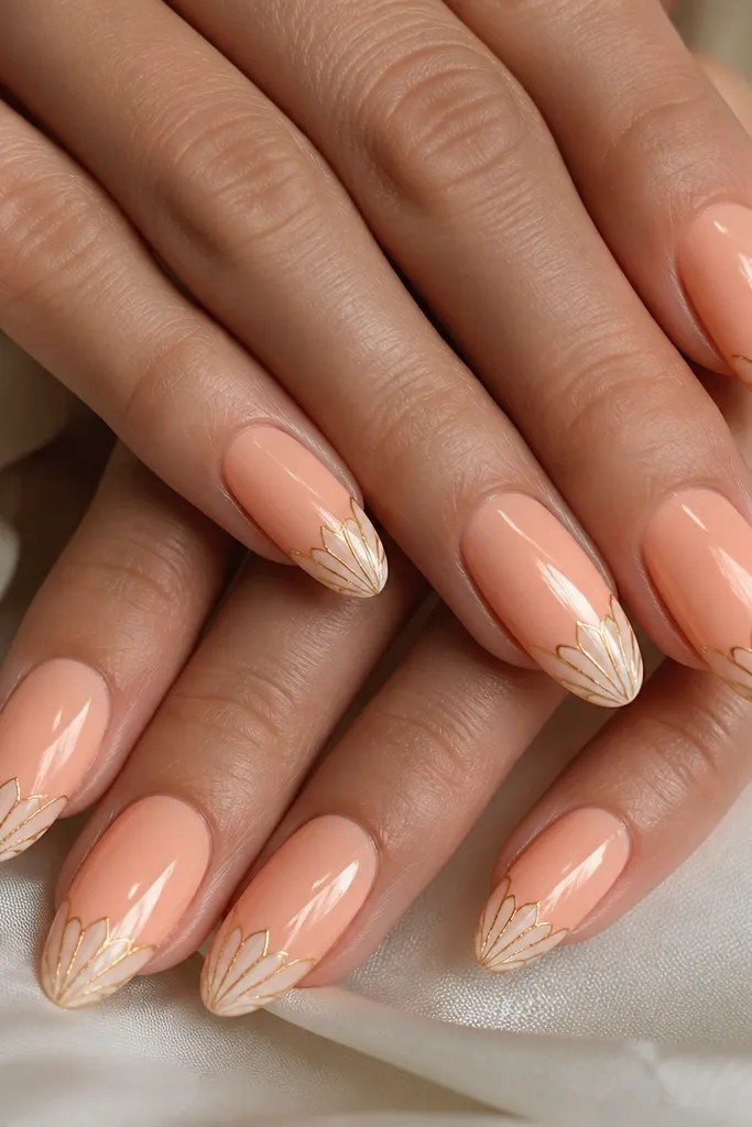 Long almond nails painted pastel peach. Shell ridges in pale cream run across the tips, each ridge has a thin gold outline. High shine topcoat, no stones.